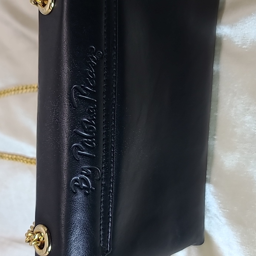 Paloma Picasso Vintage black leather crossbody bag w gold chain strap NWOT - Picture 3 of 9